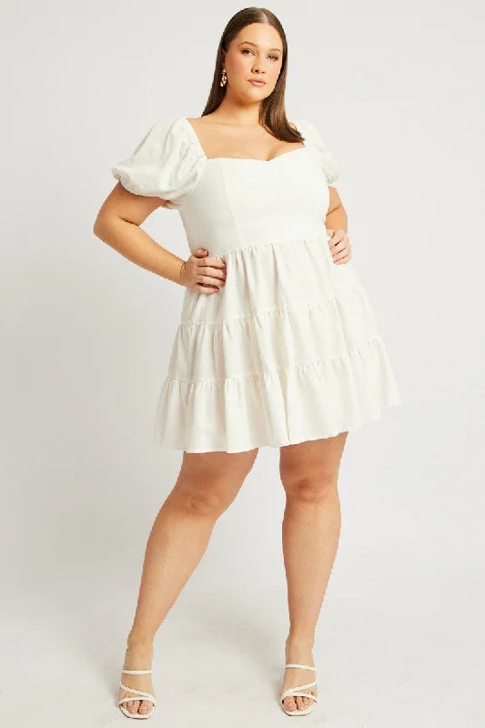 White Puff Sleeve Mini Dress Sweetheart Neck