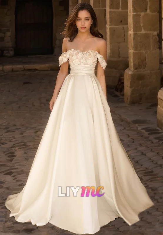 Off-Shoulder Appliques Strapless Sleek Pleated Satin A-Line Wedding Dress