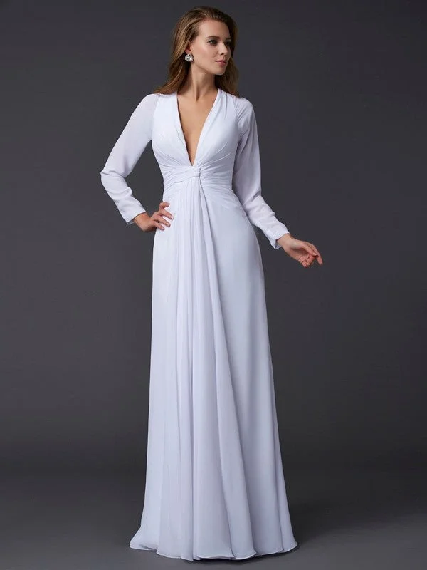 Sheath/Column V-neck Long Sleeves Ruched Long Chiffon Dresses