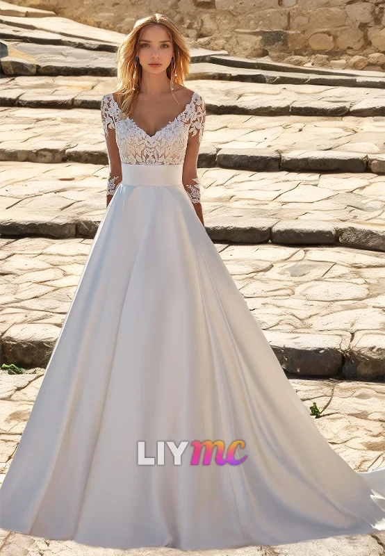 V-Neck Long Sleeves Appliques Pleated Satin A-Line Wedding Dress