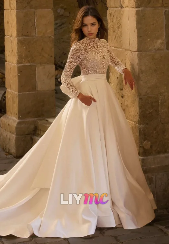 High Neck Long Sleeves Appliques Pleated Satin A-Line Wedding Dress