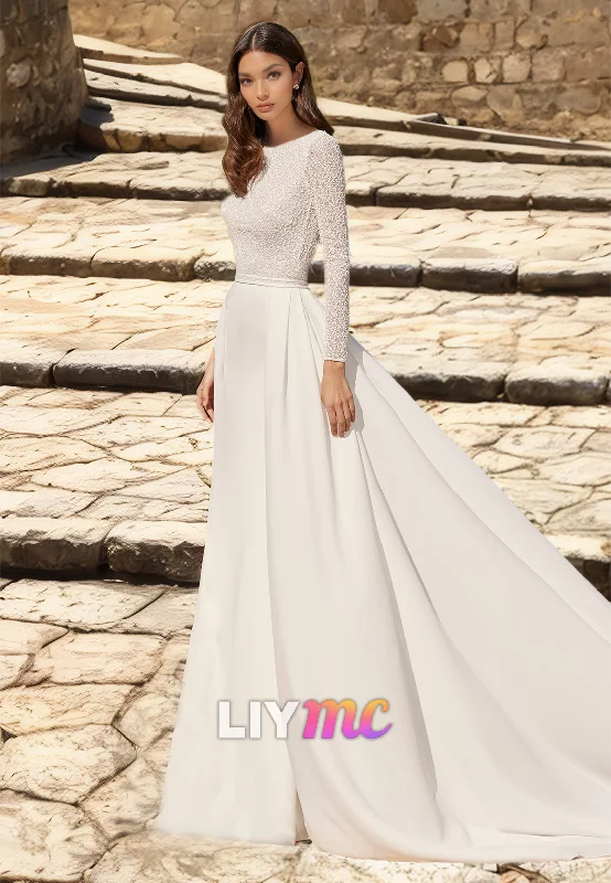 Scoop Long Sleeves Appliques Pleated A-Line Wedding Dress