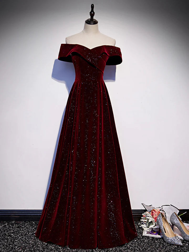 A-Line Velvet Dress Off Shoulder Long Evening Dress Elegant Formal Shining Dress