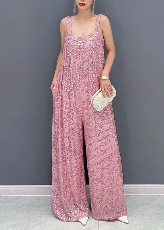 Fashion Pink Slash Neck Sequins Spaghetti Strap Jumpsuit Summer