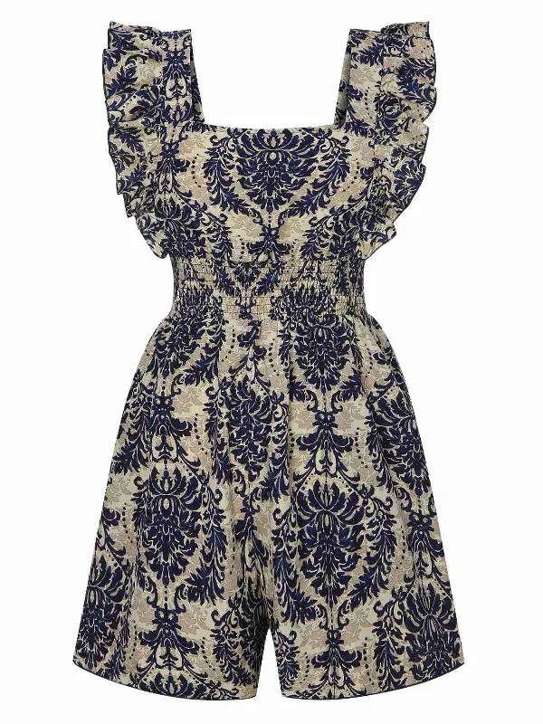 1960s Baroque Prints Square Neck Ruffles Romper