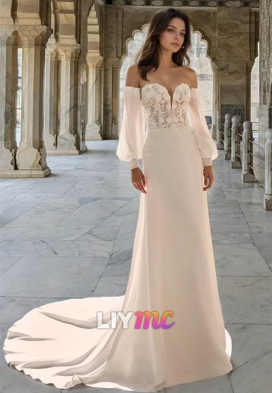 V-Neck Long Sleeves Floral Appliques Sleek Mermaid Beach Wedding Dress