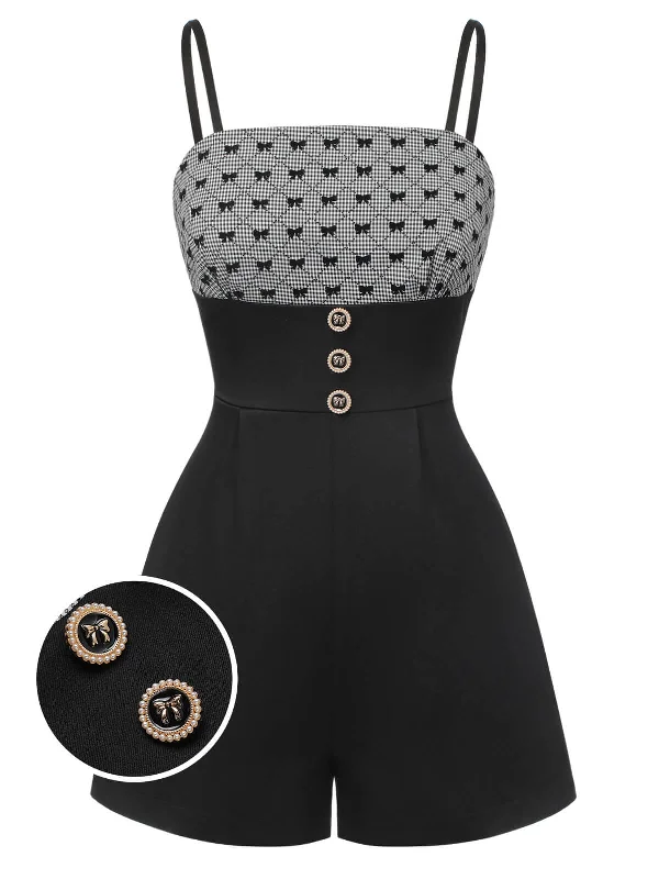 Black 1950s Bow Button Patchwork Strap Romper