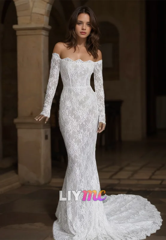 Off-Shoulder Long Sleeves Lace Appliques Mermaid Wedding Dress