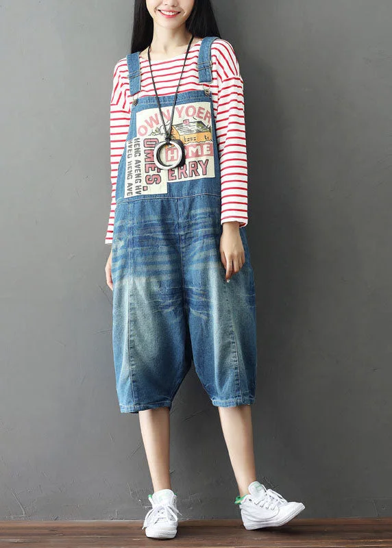 Simple Blue Oversized Patchwork Applique Cotton Denim Jumpsuits Summer