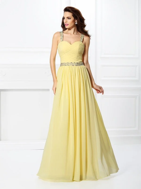 A-Line/Princess Sweetheart Beading Sleeveless Long Chiffon Dresses