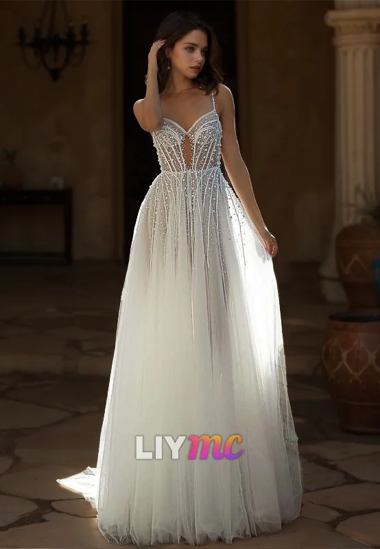 V-Neck Spaghetti Straps Pearl Beaded Tulle Beach Wedding Dress