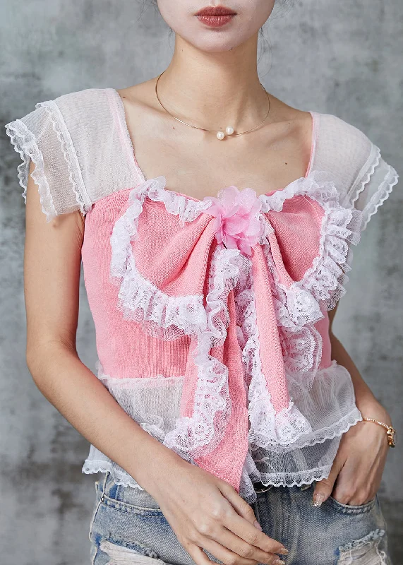 Modern Pink Bow Patchwork Lace Cotton Beach Vest Summer