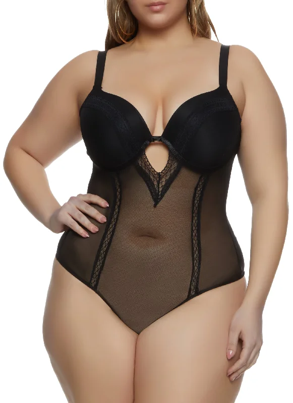 Plus Size Mesh Detail Lace Trim Keyhole Bodysuit