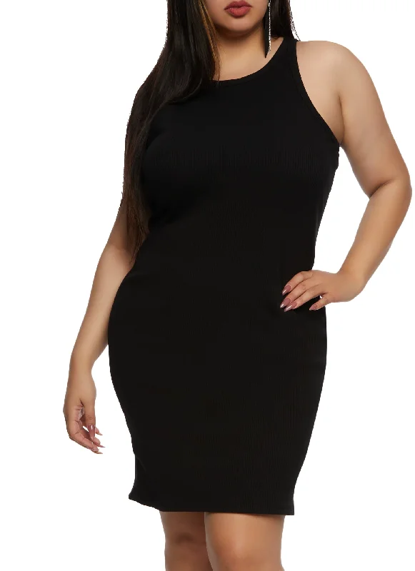 Plus Size Ribbed High Neck Tank Dress