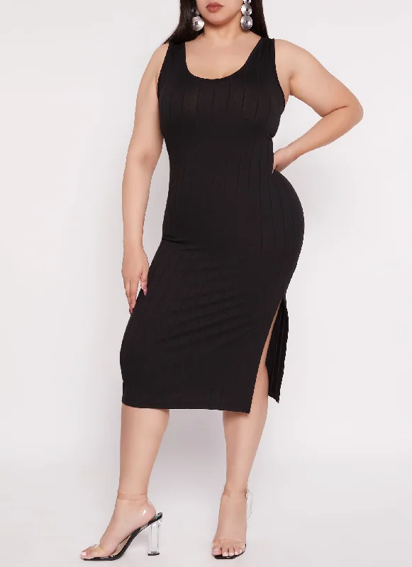 Plus Size Ribbed Knit Side Slit Tank Dress