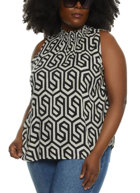 Plus Size Geometric Print Mock Neck Blouse