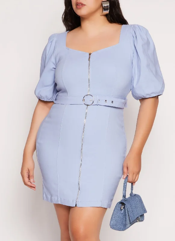 Plus Size Twill Zip Front Puff Sleeve Dress