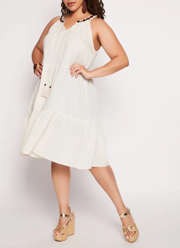 Plus Size Linen Beaded Notch Neck Shift Dress