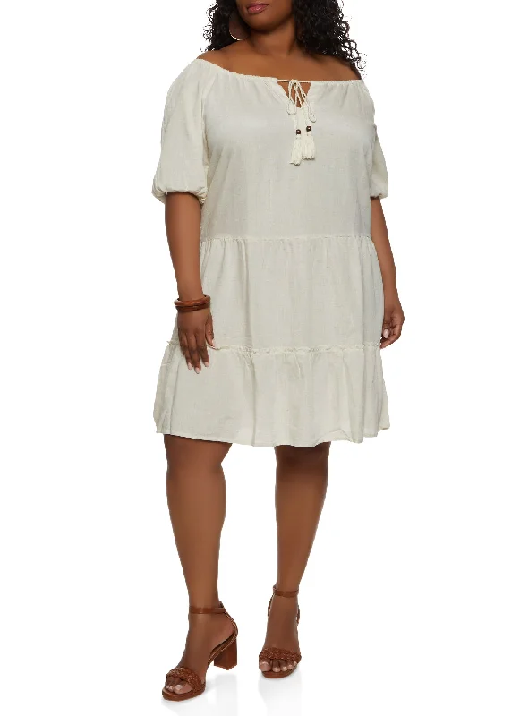 Plus Size Linen Tiered Peasant Dress