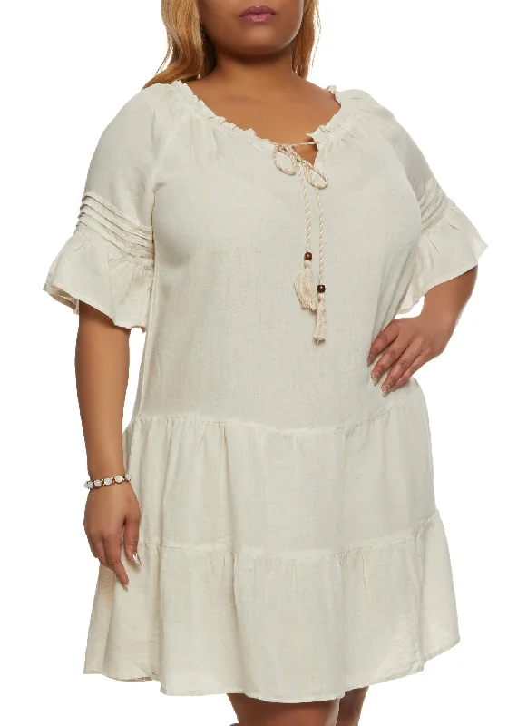 Plus Size Tassel Tie Front Tiered Shift Dress