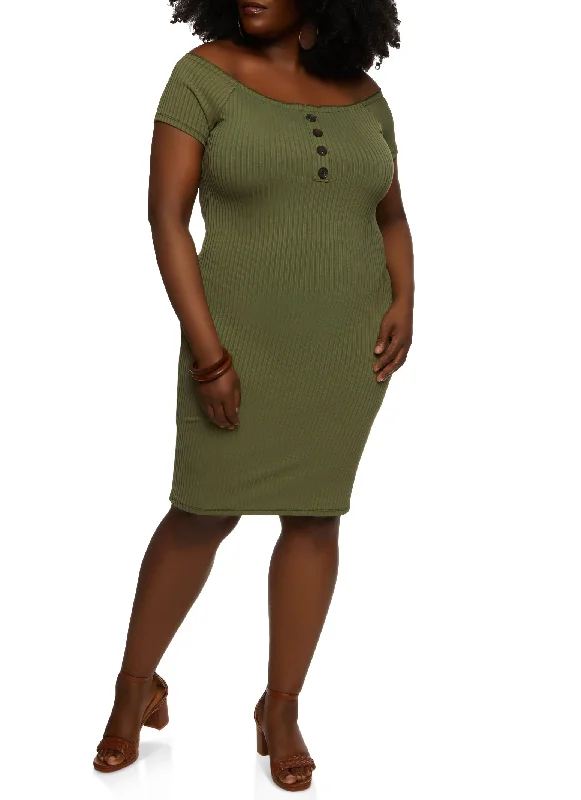 Plus Size Faux Half Button Off the Shoulder Dress