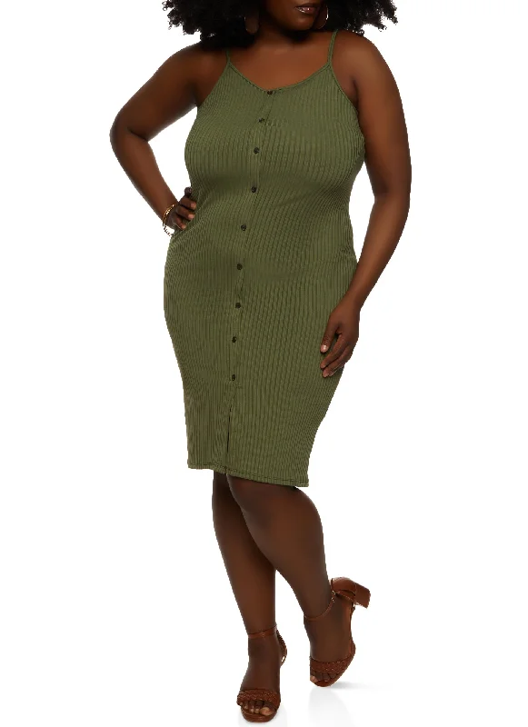 Plus Size Ribbed Knit Button Detail Cami Dress