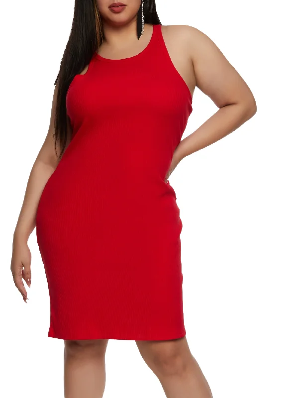 Plus Size Ribbed High Neck Tank Dress