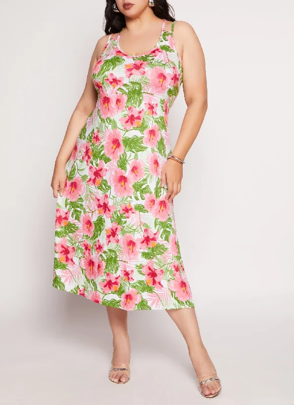 Plus Size Floral Print Double Strap Tank Dress