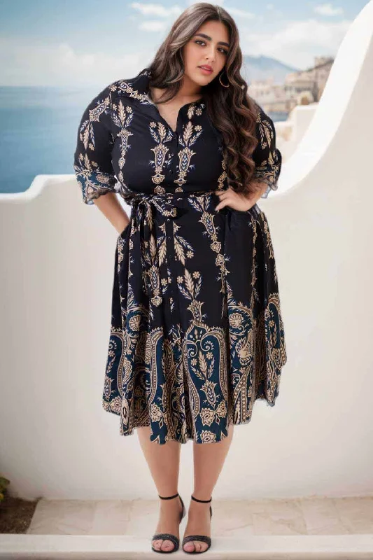 Plus Size Black Printed Crepe Shirt Dress