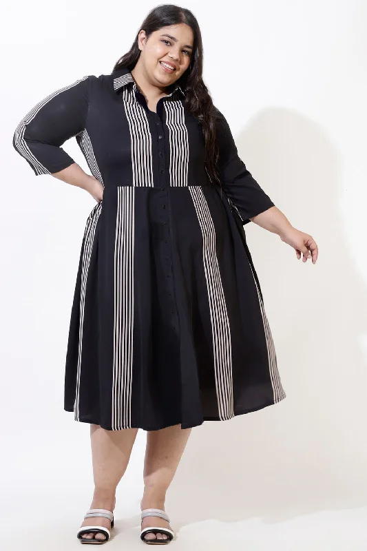 Plus Size Black Stripes Crepe Shirt Dress