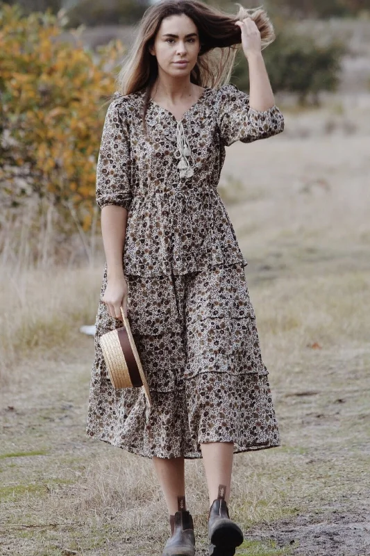 THEA ALMOND BROWN FLORAL DRESS