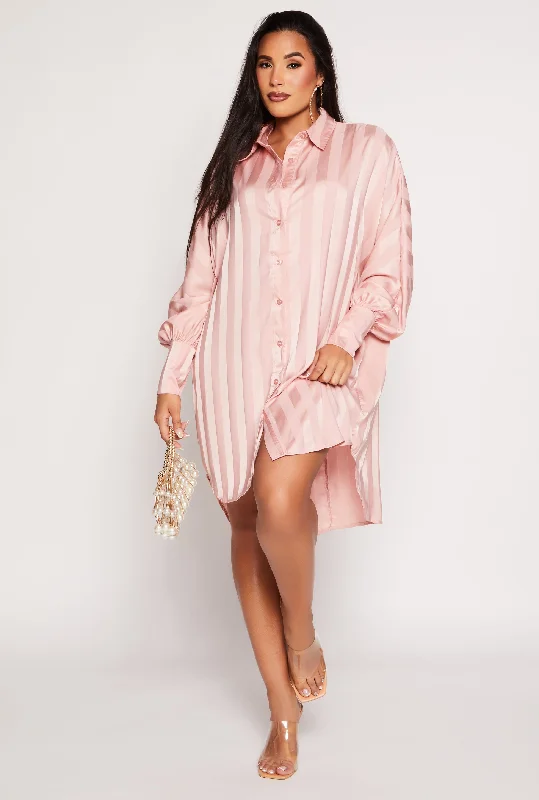 Shadow Stripe Button Front Shirt Dress