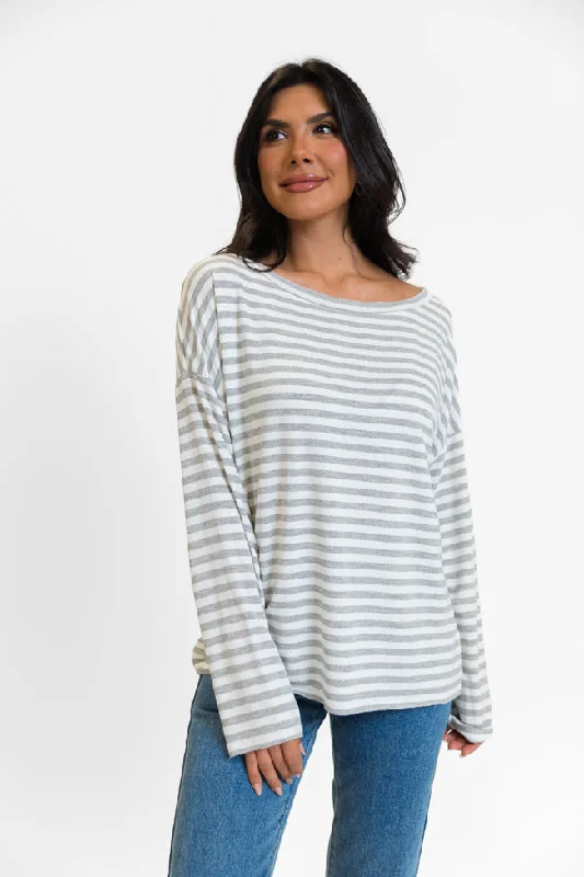 Blizzard Bliss Grey Wide Neck Striped Knit Top