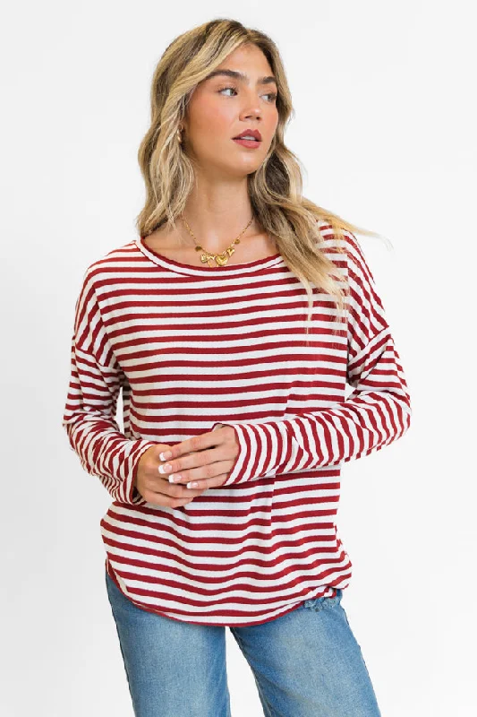 Blizzard Bliss Red Wide Neck Striped Knit Top