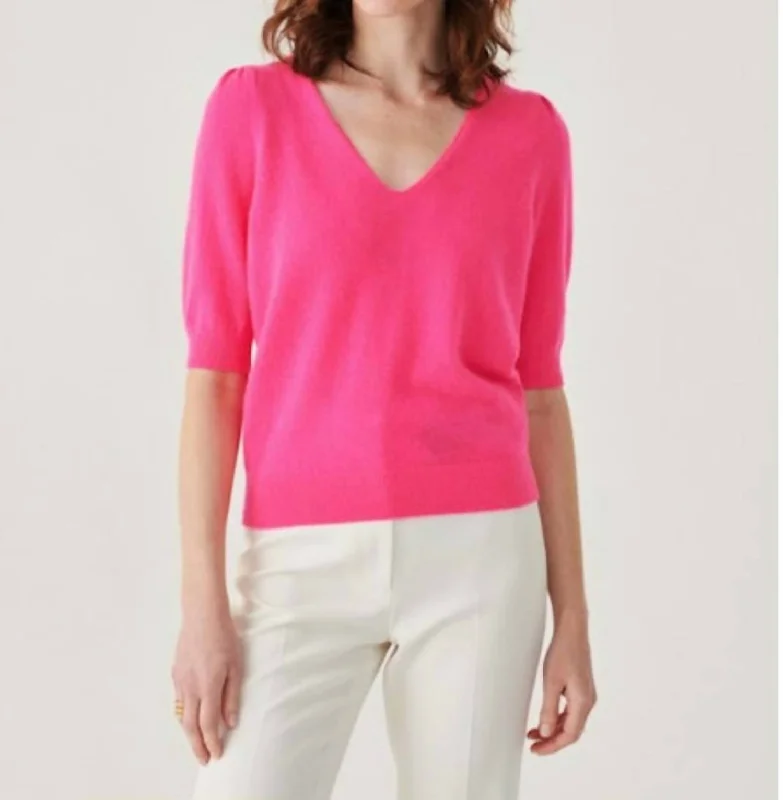 Cashmere Puff Sleeve V-Neck In Electric Fushia