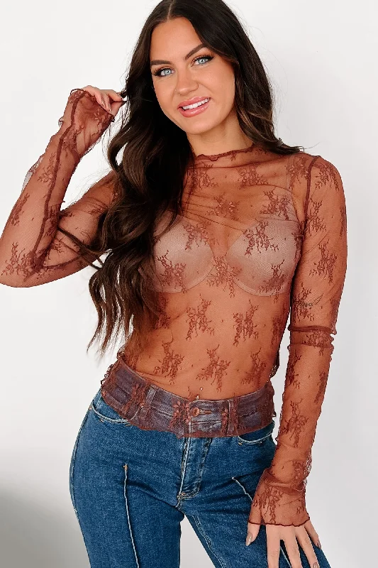 Living For The Likes Lace Long Sleeve Top (Red Bean)