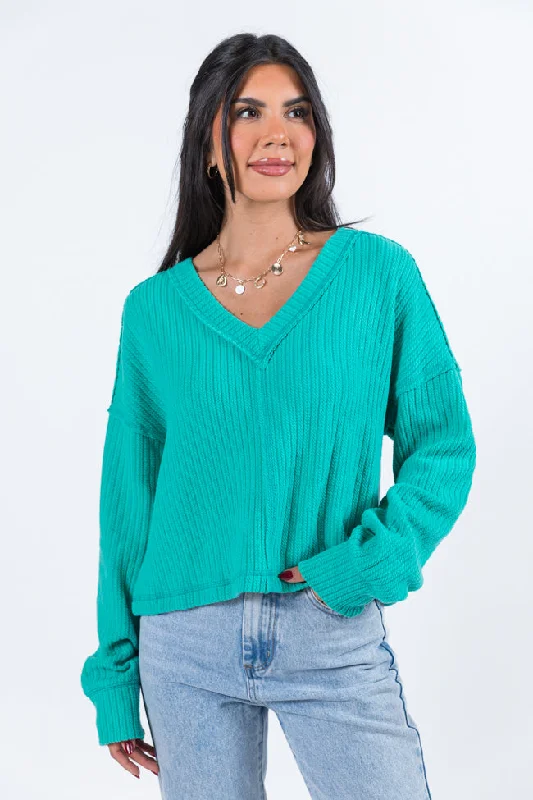 Living Right Seafoam Ribbed V-Neck Knit Top