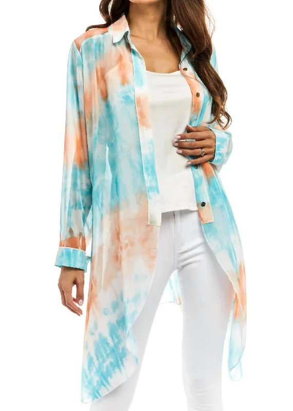 Sheer Button Down Duster In A Watercolor Mix