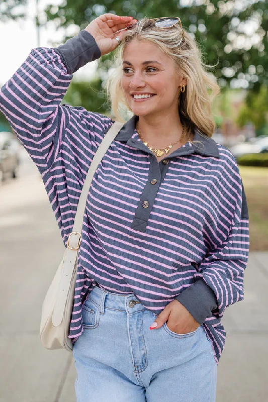 This Is The Life Navy and Pink Striped Collared Henley Oversized Knit Top