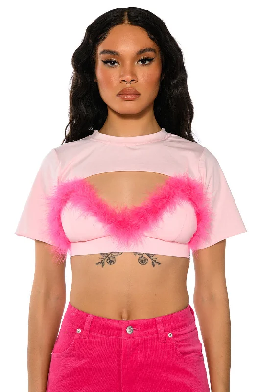 DIONNE FEATHER TRIM BRA AND ULTRA CROP TSHIRT SET