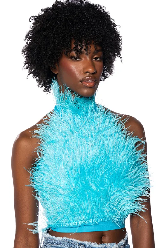 GENUINE OSTRICH FEATHER SLEEVELESS CROPPED HALTER BLOUSE IN BLUE