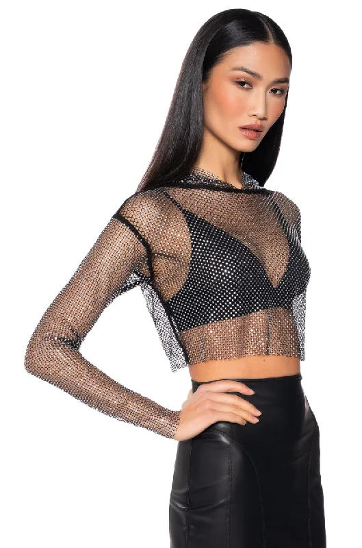 NORTH STAR RHINESTONE MESH HOODED LONG SLEEVE CROP TOP IN BLACK