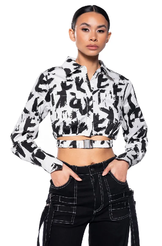 READ BETWEEN THE LINES CROPPED POPLIN BUTTON DOWN SHIRT